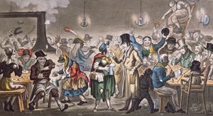 Tom ve Jerry, Pierce Egan (1772-1849), 1821 (renkli aquatint) tarafından yazılan 'Londra'da Yaşam'dan Kutsal Topraklardaki 'Arka Gecekondulardaki' Cadger'ler Arasında 'Maskeliyor' by George Cruikshank